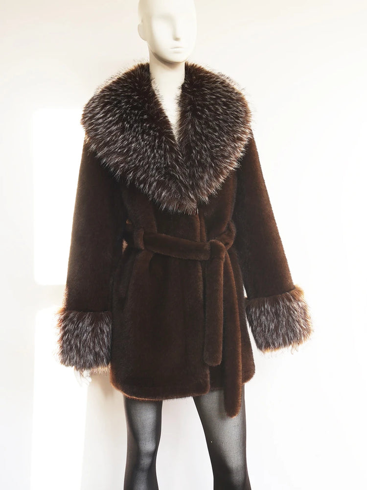 ZADORIN Luxury Long Mink Coat Faux Raccoon Fur Collar Warm Black Fur Coat Woman Elegant Belted Faux Fur Jacket Winter Outerwears