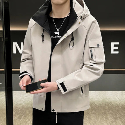 New Men's Fashion Casual Jackets Hooded Solid Zipper Pockets Camping Jackets Spring Autumn Brand Male Outdoor Sport Windbreaker