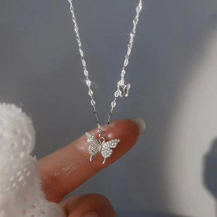 Silver Butterfly Necklace Women Crystal Zircon Pendant Necklace for Women Girl Crystal Chain Necklace Party Jewelry PlatiNum