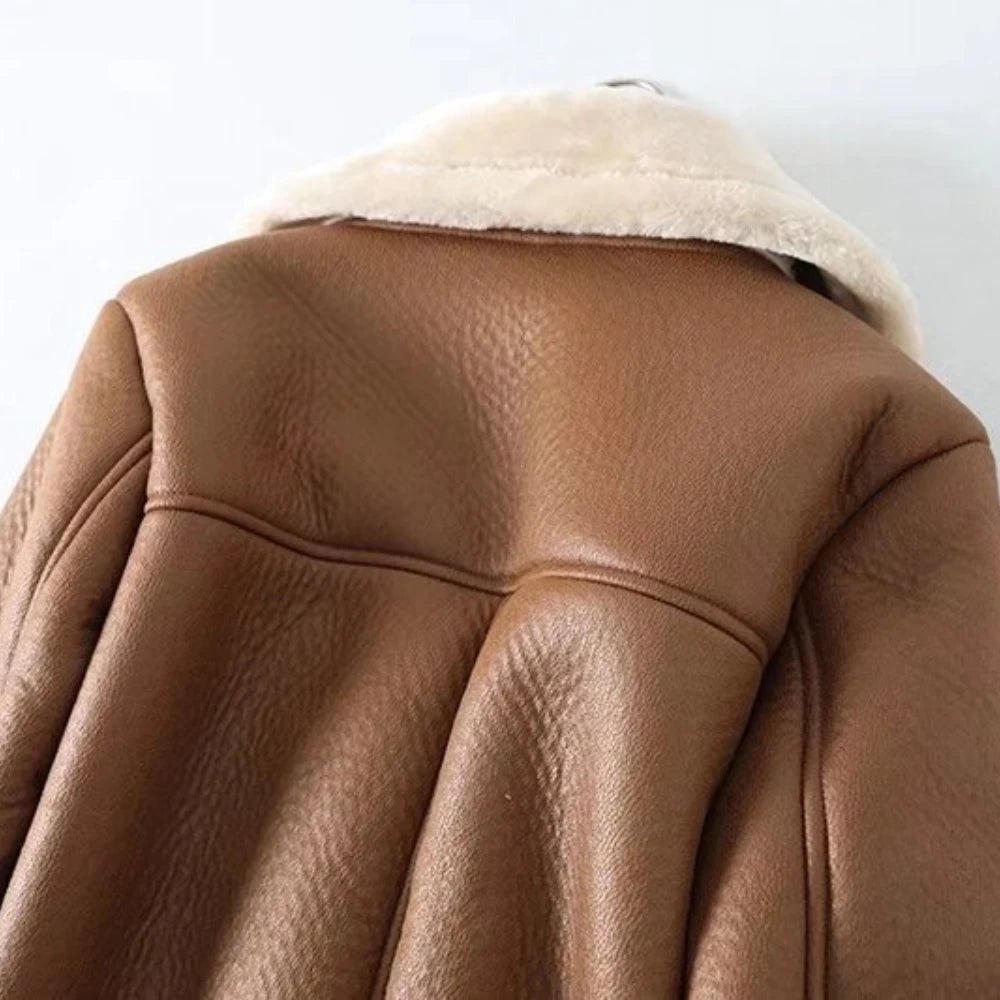 2024 winter women's clothing fashion locomotive version lapel fur integrated thickened thermal coat leather jacket