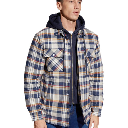TACVASEN Men's Flannel Shirt Jacket with Removable Hood Plaid Quilted Lined Winter Coats Thick Hoodie Outwear Man Fleece Shirts