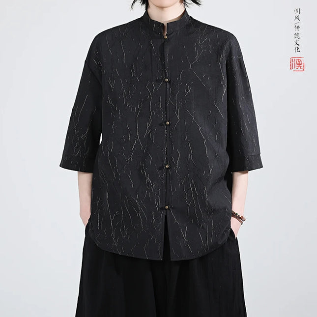 Camicia stile cinese da uomo lamina d'oro elegante vestibilità ampia camicie a maniche lunghe ispirate all'annata camicette sottili estive casual abbigliamento da uomo