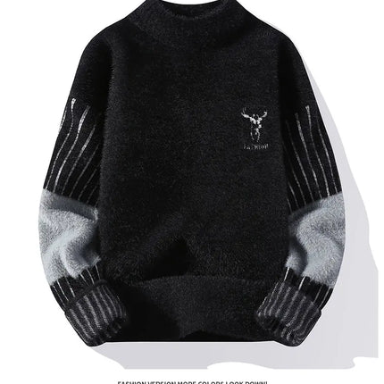 Thickened Winter Semi High Neck Knitted Sweater with Anti Pilling Splicing Men's Casual Long Sleeved Bottom Printed Pullover