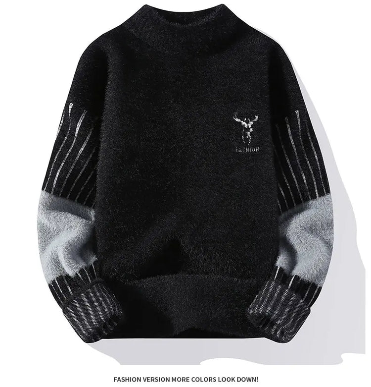 Thickened Winter Semi High Neck Knitted Sweater with Anti Pilling Splicing Men's Casual Long Sleeved Bottom Printed Pullover