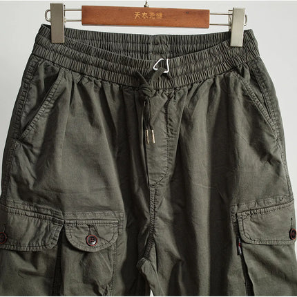 Men Elastic Drawstring Waist Jogger Cargo Pants Multi Button Pockets Vintage Washed Tapered Ankle Cuff Casual Street Trousers