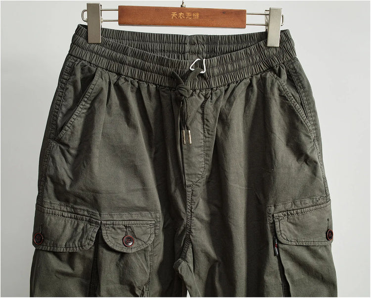 Men Elastic Drawstring Waist Jogger Cargo Pants Multi Button Pockets Vintage Washed Tapered Ankle Cuff Casual Street Trousers