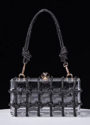 Classic 2025 Acrylic Box Bag with Woven Diamond Rope Handheld Evening Women's Bag Transparent Dinner Handbag European Style PlatiNum
