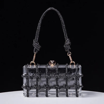 Classic 2025 Acrylic Box Bag with Woven Diamond Rope Handheld Evening Women's Bag Transparent Dinner Handbag European Style PlatiNum
