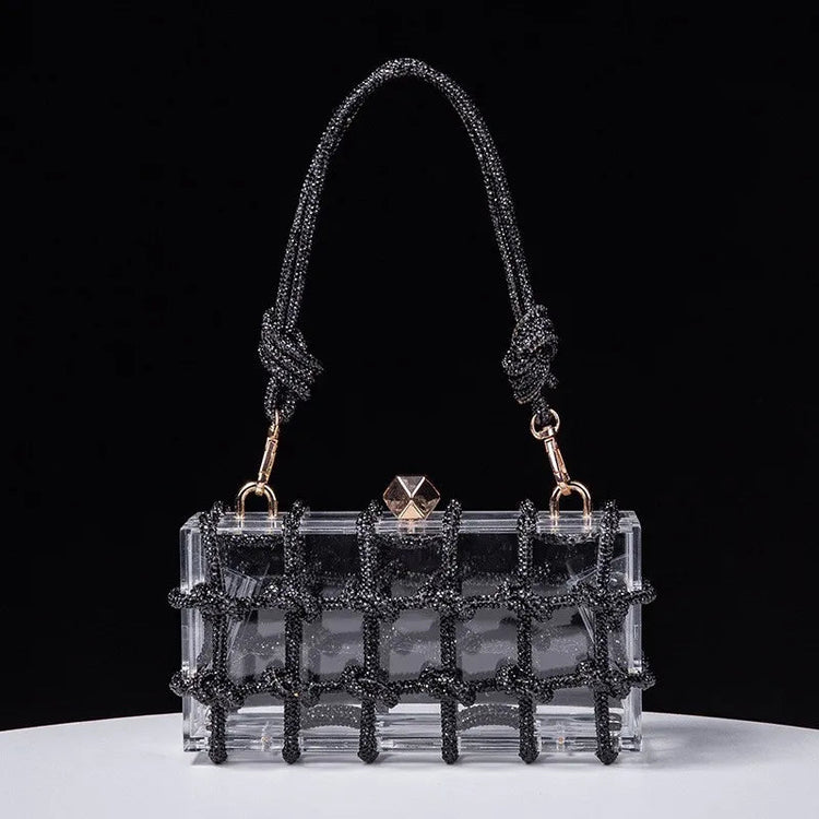 Classic 2025 Acrylic Box Bag with Woven Diamond Rope Handheld Evening Women's Bag Transparent Dinner Handbag European Style PlatiNum