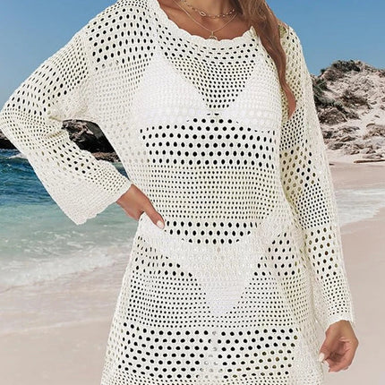 Copricostume da donna bianco traforato all'uncinetto con maniche a campana, vestibilità ampia, tunica da spiaggia primaverile/estiva platinumshop