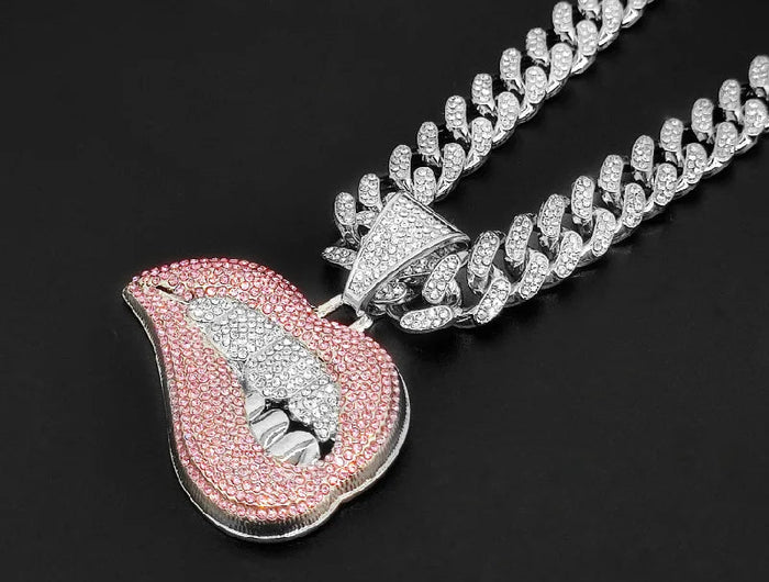 Collana con ciondolo a forma di labbro per morso hip-hop da donna per uomo con catena cubana in cristallo da 13 mm Collane hip-hop ghiacciate Bling Gioielli di moda PlatiNum