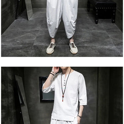 Stile giapponese due pezzi t-shirt pantaloni uomo uomo abiti Kimono maniche corte giappone Harajuku Yukata Cardigan Costume top pantaloni