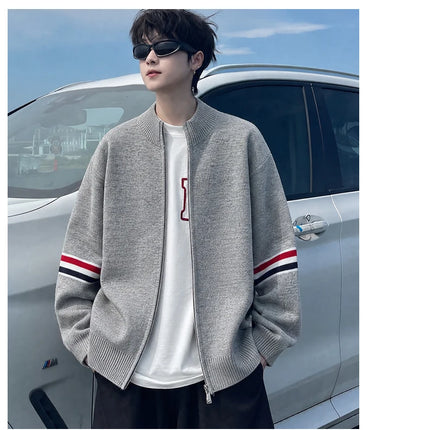 High End Men's Knitted Cardigan Autumn Winter Round Neck Zipper Casual Luxury Brand Classic Trendy Striped Korean Simple Sweater