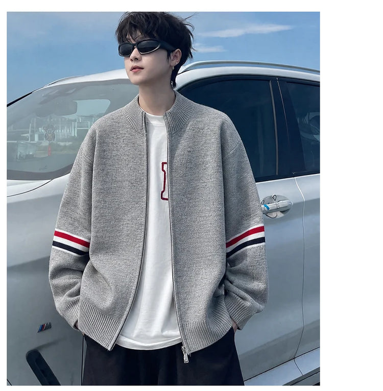 High End Men's Knitted Cardigan Autumn Winter Round Neck Zipper Casual Luxury Brand Classic Trendy Striped Korean Simple Sweater
