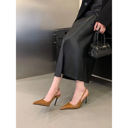 Eilyken Spring Fashion Sexy Thin Heels Pointed Toe Pumps Women Mule Shoes Elegant Patent Leather Banquet Striptease Sandals PlatiNum