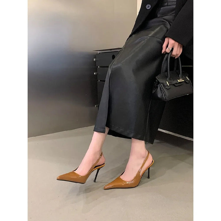 Eilyken Spring Fashion Sexy Thin Heels Pointed Toe Pumps Women Mule Shoes Elegant Patent Leather Banquet Striptease Sandals PlatiNum