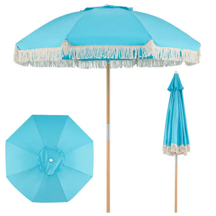 Garden Parasol with Fringes, 180cm, Wooden Parasol with 8 Sturdy Ribs, Adjustable Tilt, Automatic Opening, Bohemian Style, Blue