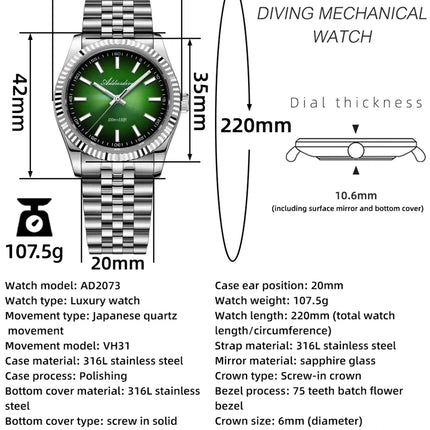 ADDIESDIVE 36mm Luxury Watch for Women VH31 Movement 100m Waterproof BGW9 Luminous Diving Watches Stainless Steel Quartz Watch
