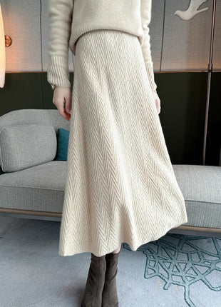 100% Cashmere Skirt Women's Mid-calf Dress Herring Bone High Waist High-end Versatile Knitted Skirt Autumn Winter Office Lady PlatiNum