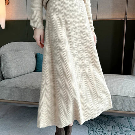100% Cashmere Skirt Women's Mid-calf Dress Herring Bone High Waist High-end Versatile Knitted Skirt Autumn Winter Office Lady PlatiNum