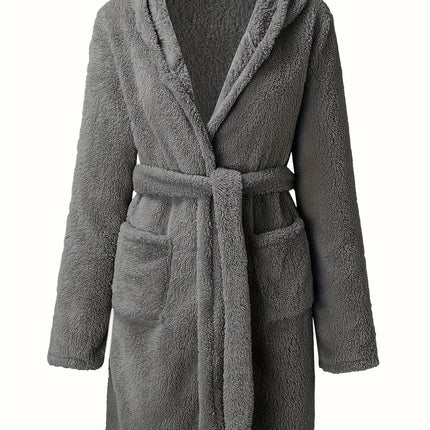 1 pezzo di vestaglia da donna con cappuccio in tinta unita con cintura, pigiama in pile accogliente e caldo per la casa in autunno e inverno.