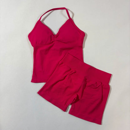 Yoga 2pcs Impact Gym Set Women Backless Tank Tops High Waist Scrunch Seamless Shorts Fitness Clothes Activewear Workout Sets