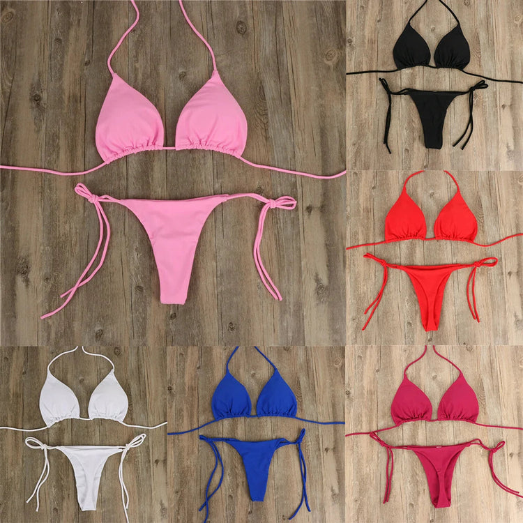 Nuove donne sexy appeso al collo perizoma bikini set cravatta laterale costume da bagno stile fasciatura cinturino diviso solido set costume da bagno da donna regolabile platinumshop