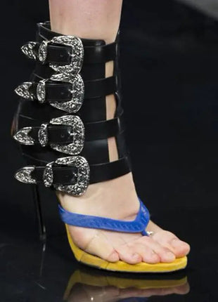 High heel sexy buckle belt women flip flops zipper modern sandal PlatiNum