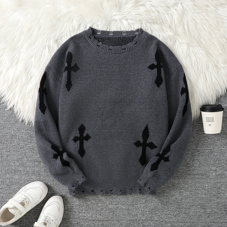 Trendy Street Style Ripped Cross Pattern Pullover Ripped Sweater Casual Crew Neck Knit Men's Pullover