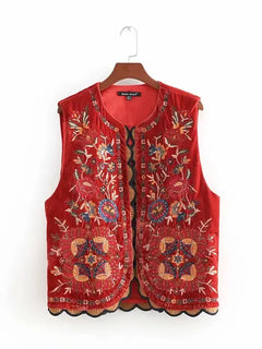 Zevity Women Vintage sequins flower embroidery vest jacket ladies retro national style patchwork casual velvet waistCoat CT154