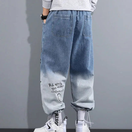 Men's Distressed Denim Pants Cuffed, Artistic Gradient Harem Jeans, Oversized Hip Hop Trousers for Spring Fall Versatile Outfits PlatiNum