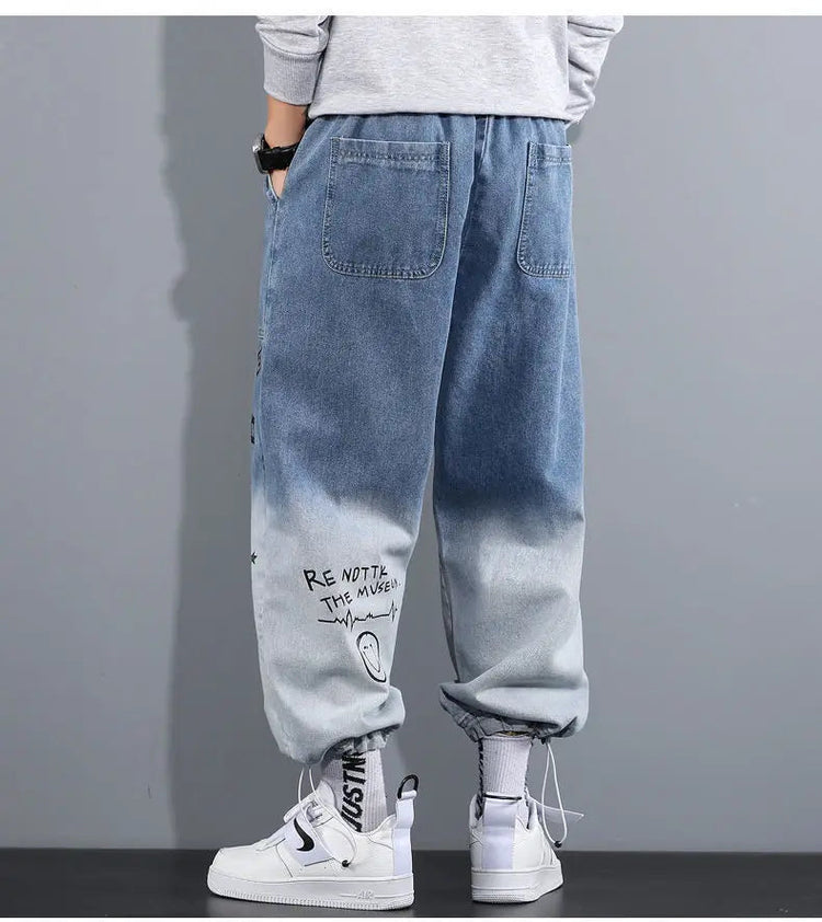 Men's Distressed Denim Pants Cuffed, Artistic Gradient Harem Jeans, Oversized Hip Hop Trousers for Spring Fall Versatile Outfits PlatiNum