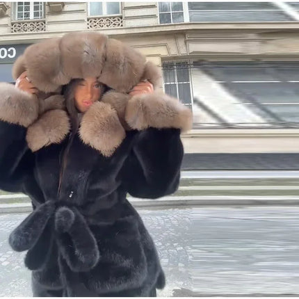 Hoody Faux Fur Furry Coats Women Fashion Belt Long Sleeve Pocket Thicken Warm Jacket 2026 Autumn Winter Urban Lady Streetwears