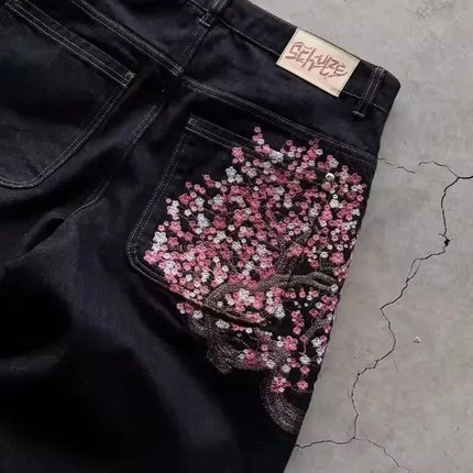Casual suit retro low waist hip hop cherry blossom embroidered jeans wide leg pants y2k clothing mens embroidered loose jeans PlatiNum