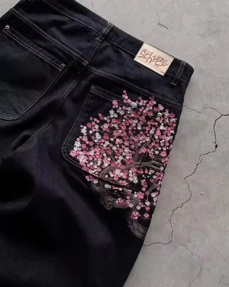 Abito casual retrò vita bassa hip hop fiori di ciliegio jeans ricamati pantaloni a gamba larga y2k abbigliamento jeans larghi ricamati da uomo