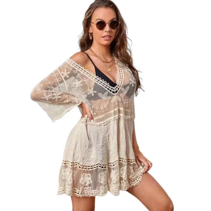 Abito Estivo da Spiaggia con Scollo a V, Protezione Solare, Casual, Copricostume in Pizzo per Donna platinumshop