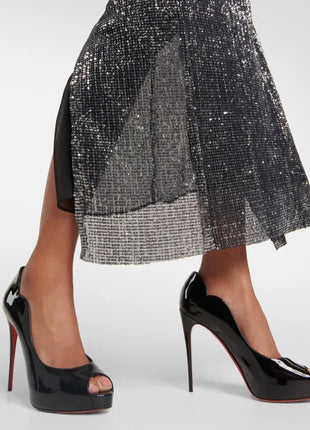 New Women's Open Toed Patent Leather  High Heels Shoes Ladies  Slim High Heels Fishmouth Shoes Sexy Party Shoes PlatiNum