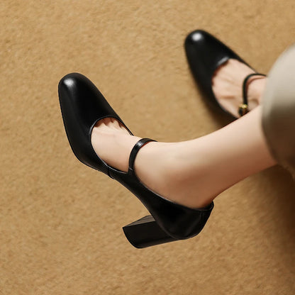 EAGSITY Cow leather classic high heel mary jane shoes women chunky heel round toe party wedding dress shoes