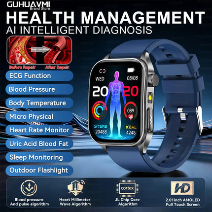 2026 Nuovo 650nm Terapia Laser Grassi nel sangue Acido urico Pressione sanguigna Smart Watch ECG + PPG Preciso Monitor di salute Smartwatch per gli uomini platinumshop