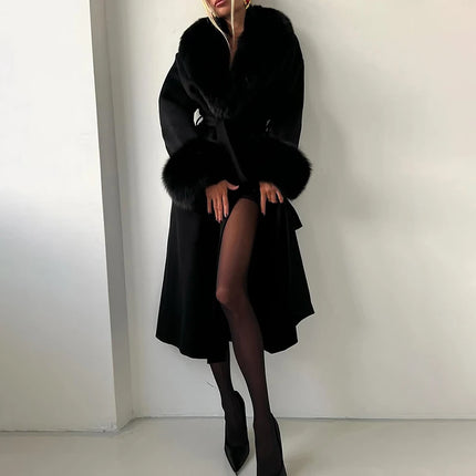TARUXY Women Luxurious Faux Fox Fur Collar Long Jacket Elegant Solid Long-Sleeved Loose Lace Up Street Warm Coat 2026 Winter New