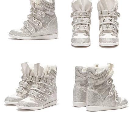 Women Rhinestone High Top Sneakers Hidden Wedge Heel Shoes Star Decor Hook & Loop Fashion Platform Ankle Boots