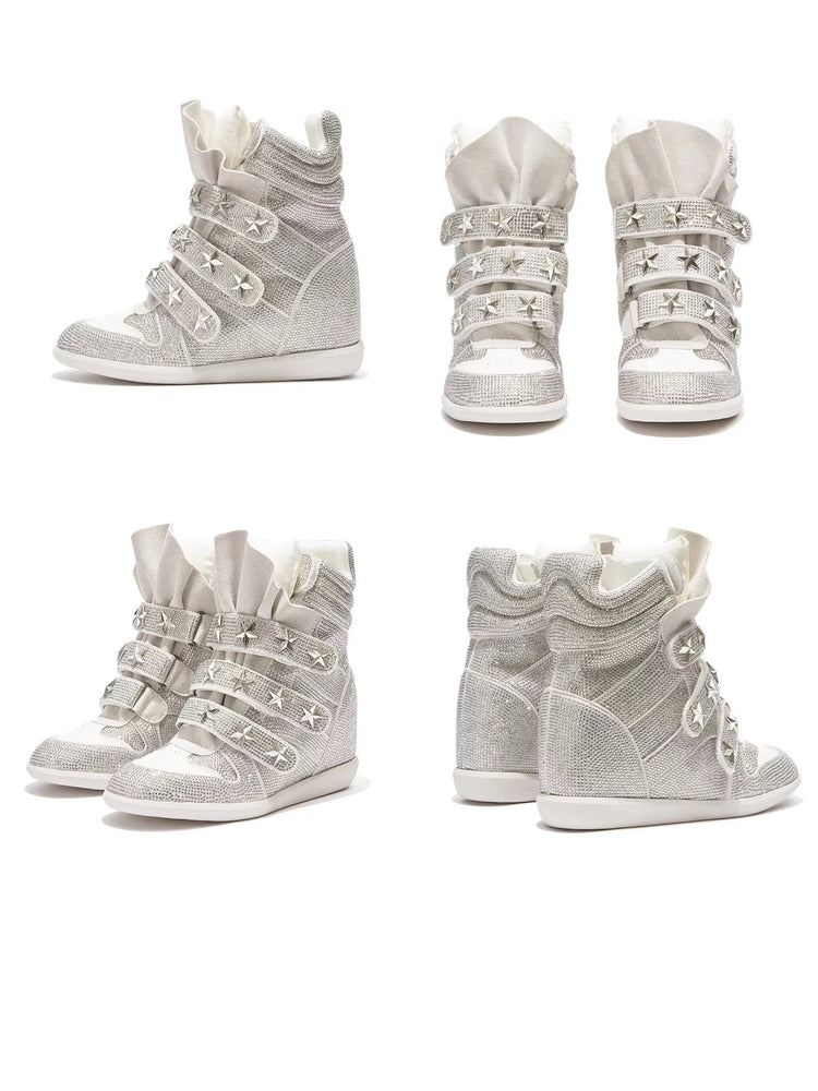 Women Rhinestone High Top Sneakers Hidden Wedge Heel Shoes Star Decor Hook & Loop Fashion Platform Ankle Boots