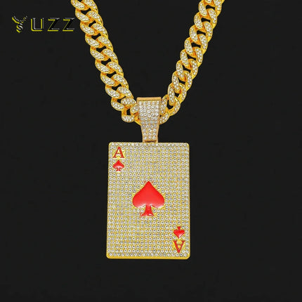 Men Women Hip Hop Poker Pendant Necklace with 13mm Cuban Chain Hiphop Iced Out Red Peach A Necklaces Fashion Punk Jewelry Gifts PlatiNum