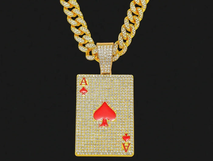 Men Women Hip Hop Poker Pendant Necklace with 13mm Cuban Chain Hiphop Iced Out Red Peach A Necklaces Fashion Punk Jewelry Gifts PlatiNum