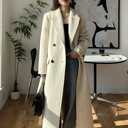 High-end White Thick Double-sided Wool Cashmere Coat Long Women Fashion Casual Loose Lapel Lace-up Woolen Jacket Autumn Winter