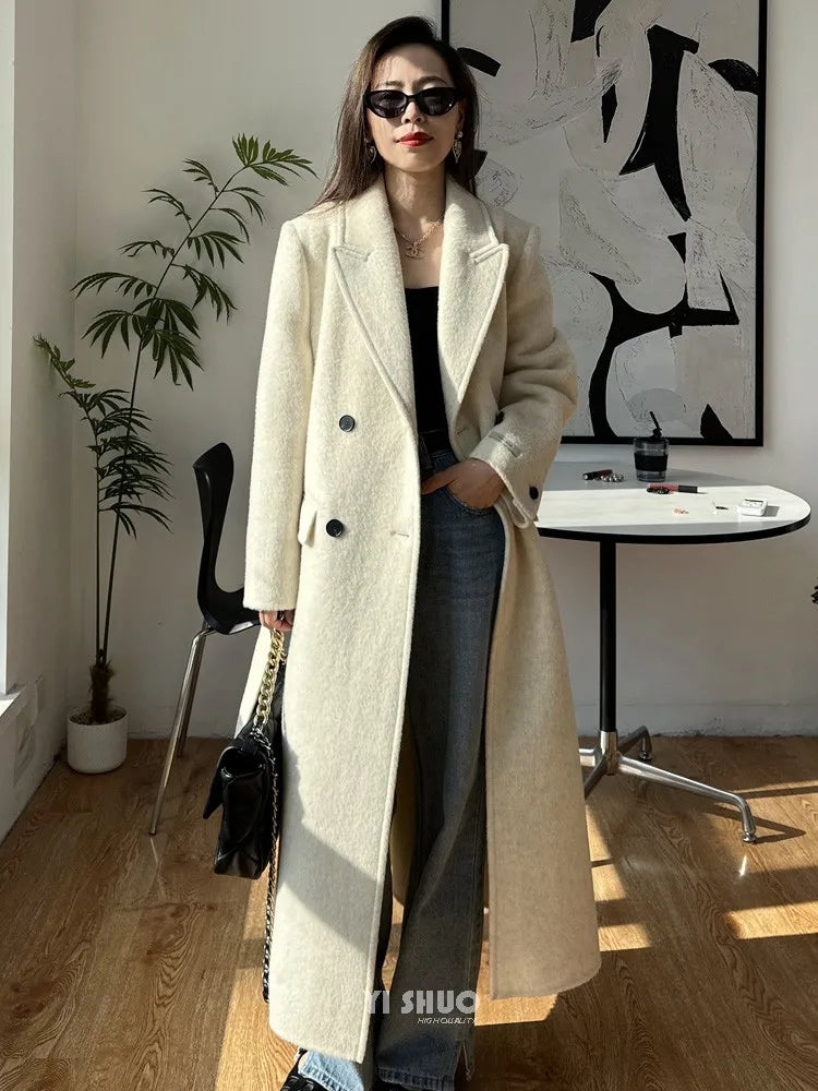 High-end White Thick Double-sided Wool Cashmere Coat Long Women Fashion Casual Loose Lapel Lace-up Woolen Jacket Autumn Winter
