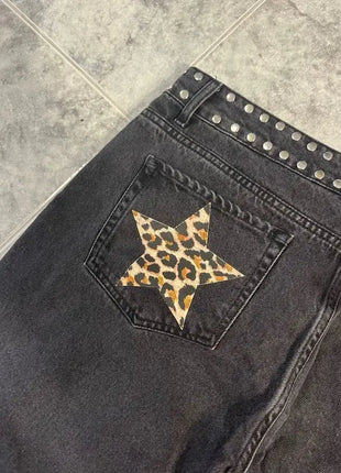 Y2k One Dilemma Pantaloni in denim Stampa leopardata Stella Jeans a gamba larga Streetwear Jeans larghi a vita alta Harajuku Abbigliamento donna gotico