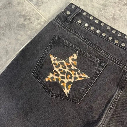 Y2k One Dilemma Pantaloni in denim Stampa leopardata Stella Jeans a gamba larga Streetwear Jeans larghi a vita alta Harajuku Abbigliamento donna gotico