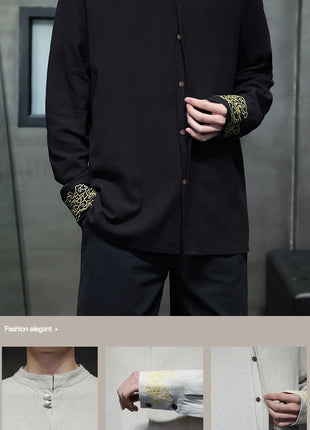 Camicie da Uomo di Alta Qualità con Ricami in Stile Cinese, Colletto Rialzato Retrò, in Lino Comodo e Traspirante, Camicie Casual da Uomo