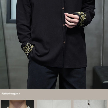 Camicie da Uomo di Alta Qualità con Ricami in Stile Cinese, Colletto Rialzato Retrò, in Lino Comodo e Traspirante, Camicie Casual da Uomo